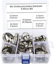Stainless Steel Hose Clamp Spring Clips German Type 60 Pcs Assorted Sizes 8 To 12mm 12 To 22mm 16 To 27mm 20 To 32mm 32 To 50mm for Automotive Pipe Fixing