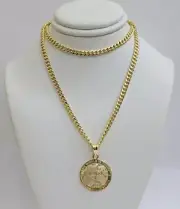 Real 10kt Gold Cuban Link Chain Pendant Set 20" 3.5mm Necklace World Map Charm.