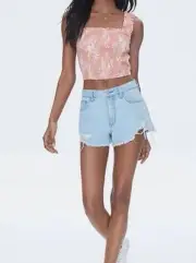New Forever 21 Crop Top Tropical Leaf Floral Smocked Stretchy Blouse Size Medium
