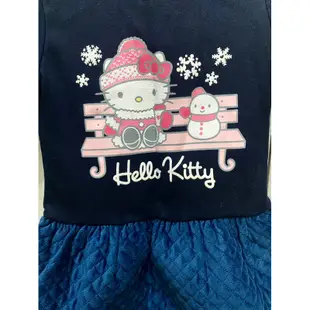 內刷絨凱蒂貓Hello Kitty深藍色拼接女童長袖洋裝，適合115～120公分