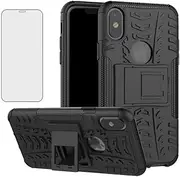 Phone Case for Apple iPhone Xs X 10 10s with Tempered Glass Screen Protector Cover and Stand Kickstand Hard Hybrid Cell Accessories iPhoneX iPhoneXs iPhone10 i PhoneX SX 10x 10xs X’s Cases Men Black