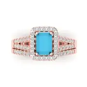 1.60ct Emerald Round Cut Halo Turquoise Stone Promise Bridal set 14k Rose Gold