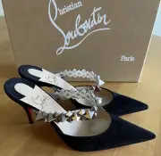 NIB LOUBOUTIN PLANET CHOC BLACK SUEDE SILVER SPIKE STRAP MULES FLAT SANDALS 37