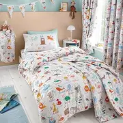 Happy Linen Company Girls Boys Kids Animal Alphabet ABC White Multicolour Toddler Cot Bed Reversible Duvet Cover Quilt Bedding Set with Pillow Case Bed Linen