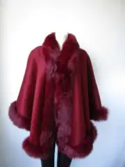 Women's Brand New Burgundy Cashmere Wool Wrap Cape Fox Fur CYBER MONDAY SALE