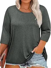 [YEXIPO] Womens Plus Size Tops 3/4 Sleeve Casual T Shirts Blouses Crew Neck Loose Fit Tunic Tops