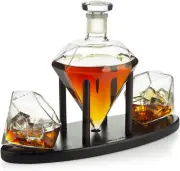 Diamond Whiskey Decanter L with 2 Diamond Glasses Liquor, Scotch, Rum, Bourbon,