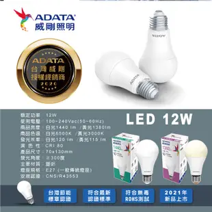 【威剛】2021全新12W節能LED燈泡 (3.3折)