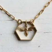 Honeybee Necklace, Honey Comb Necklace, Nature Lover, Gold Bee Necklace