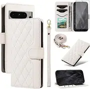 [Asuwish] Phone Case for Google Pixel 8 Pro 5G Wallet Cover with Screen Protector and Wrist Strap Lanyard Card Holder Slot Stand Cell Accessories Purse Pixel8Pro Pixel8 XL Eight 8Pro Women Men White