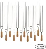 12-Pieces Double Prongs BBQ Barbecue Shish Kebab Skewers Stainless Steel Wooden Handle 15 inch