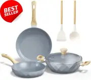 7-Piece Nonstick Cookware Set, Ceramic Frying Pan, Saucepan, Stockpot, White