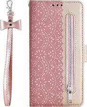 iPhone 11 Pro Max Wallet Case for Women, DMaos Lace Synthetic Leather Cover with Cute Bowtie Wrist Strap, Girly for iPhone11 Pro Max 2019 6.5 inch - Rose Gold
