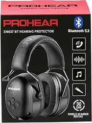 PROHEAR 037 Bluetooth 5.0 Hearing Protection Headphones with Rechargeable 1100mAh Battery, 25dB NRR Safety Noise Reduction Ear Muffs 40H Playtime for Mowing, Workshops, Snowblowing - Black