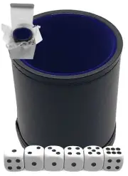 (6) White Pip Dice Black Pips + PU Leather Blue Felt Lined Dice Cup Sealed Box