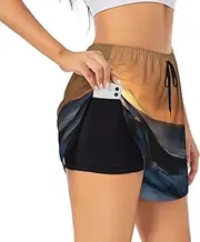 [GaxfjRu] Last Sun Rays of Over The Sea Waves Print Women's Running Shorts High Waisted Running Shorts Pocket Sporty Gym Elastic Short