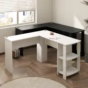 Oikiture L-shape Computer Desk Home Office Writing Desk w/ Storage Shelves
