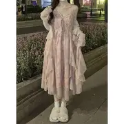 Spaghetti Strap Floral Print Midi A-Line Dress / Plain Ruffled Open Front Cardigan Dress - Floral - Pink - L