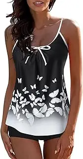[Generic] Sunflower Two Piece Outfit Women Women Vintage Print Bowknot Strappy Back Tankini Set Two Piece Swimdress Panty Bathing Suit Beachwear Swim Wear