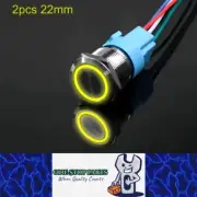 2 x Yellow LED 22mm Metal Push Button Switch 12V-24V Pre-Wired Self-Rest Switch