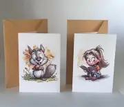Cute Illustrated Greeting Cards Set - Squirrel and Girl