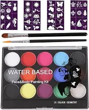 Face Paint Kits for Kids, 15 Colors Water Based Non-Toxic Quality Palette Body Face Painting Supplies Face Paint Set Washable Face Body Makeup Kits with 2 Brushes for Halloween Party Cosplay Makeup