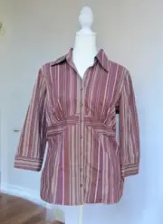 Dress Barn Blouse Top Button Front Brown Purple Gold Striped Long Sleeve S NEW