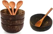 DACUAN Polished Coconut Shell Bowls Set of 4 Coconut Bowls & Spoons, Hand Made Coconut Bowl Set,Smoothie Bowls Dessert Fruit Salad Mixing Bowl Rice Ramen Bowl
