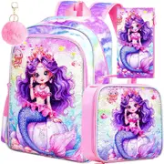 3 Piece Girls Backpack Set 16 Inch Bookbag Lunch Box Unicorn Dinosaur Prints
