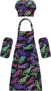 AIXIWAWA Kids Apron Chef Hat Set, Child Kitchen Bib Aprons Adjustable for Cooking Baking Painting (Neon Fish Skeletons)