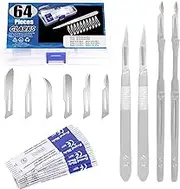 Glarks 64Pcs Surgical Blade with Handle Kit, 60pcs #10#11#12#15#15C#14 Scalpels Surgical Sterile Blades with 4pcs #3#7 Scalpel Knife Handle Kit for Biology Lab Anatomy, Practicing Cutting, Sculpting
