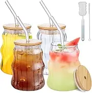 Anhow 4 Ribbed Drinking Glasses, 500 ml Cocktail Glasses, Long Drink Glasses with Lid, 4 Glass Straws for Water, Cocktails, Juice, Transparent