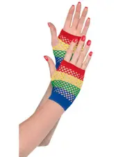 Short Mardi Gras Rainbow Fishnet Gloves