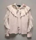 New White Chiffon Lace Ruffle Bow Neck Artsy Western Button Up Top Sz M