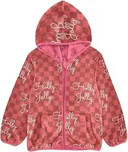 [GuoChe] Sherpa Fleece Girls Merry Christmas Cute Red Plaid Toddler Boys Jackets Peach Fleece Zip Up Jacket 3-10T