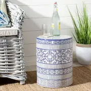 Blue & White Chinoiserie Ceramic Garden Stool Geometric Round Side Table, 18" H