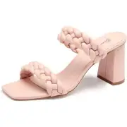 Pink Women's Square Open Toe Heels Braided Two Strap Heeled Sandals Wedding 11