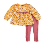Mud Pie Thanksgiving Mustard Floral Tunic and Berry Legging Set 12-18 Months