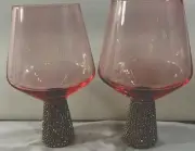 Christian Siriano 2 Pink Decorative Wine Glasses 13oz Gold Rhinestone Stems NEW