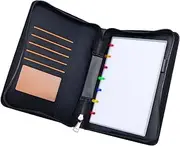 AxeWoodz Black Business Portfolio PU Leather Portfolio Folder Document Organizer Card Holder Zipper Padfolio with 7 Disc Discbound Notebook