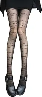 [GRABAGECAN] Womens See Through Letters Printed Thin Tights Crotch Opening Stretchy Sheer Pantyhose Leggings Mesh Stockings, Black, One Size