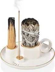 LIGHUFEIC Incense Holder,4-in-1 Palo Santo & Sage Incense Holder,5.9" Ceramic Burner with Handle, Ash Catcher Tray & White Candle Holder - for Meditation, Home Decor & Zen Gifts.