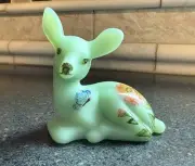Mosser Glass USA - SATIN Jade Green FAWN Deer Jadeite Hand Painted Flowers