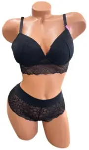 Victoria Secret PINK Black Lace Push Up Bra & Cheekster Panty Size Medium Set