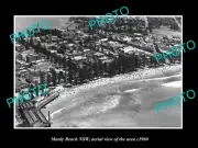 OLD POSTCARD SIZE PHOTO OF MANLY NSW AERIAL VIEW OF THE BEACH c1960