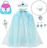 XXMANX Princess Dress Up for Girls 4-6,9PCS Princess Toys with Cape Crown Necklace Princess Costume for 3 4 5 6 7 8 9 Years Old Birthday Christmas Halloween Party Gift