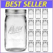 12 Pack Wide Mouth 32 oz Glass Mason Jars with Airtight Lids - Food Storage