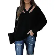 Nevenka Womens V Neck Sweaters Hollow Out Knit Pullover-Black