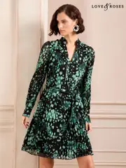 Love & Roses Green Smudge Petite PU Trim V Neck Pleated Mini Dress (B60008) | $64