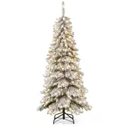 Costway 1.8M Snowy Pre-Lit LED Christmas Tree Artificial Xmas Slim Tree w/Remote Control Full Spruce Decoration Gift